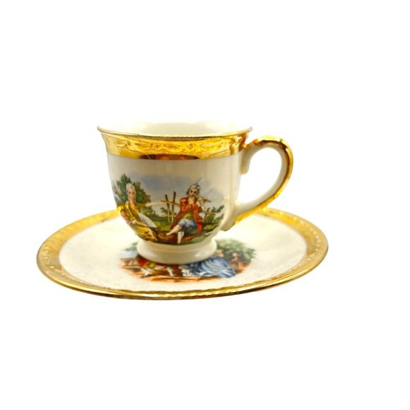 Homer Laughlin Georgian Eggshell Courting Couple Demitasse Cup and Saucer 22K Go - Picture 1 of 9